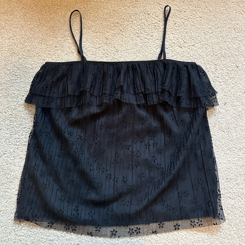 J. Crew Black Flutter Sheer Lace Tank Cami Dainty Feminine Coquette Size XXS 2XS